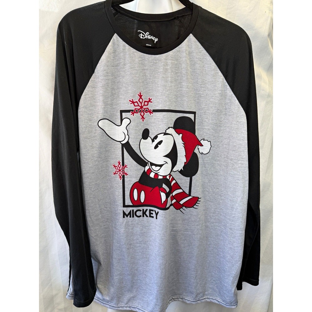 Disney Mickey Mouse Christmas Raglan Long Sleeve Shirt Mens L Gray/Black